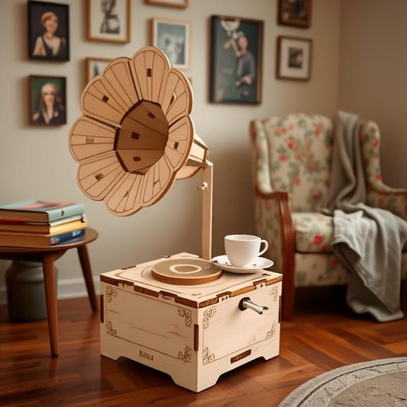 3D Wooden Jigsaw Puzzle Phonograph Music Box, DIY Petal Trumpet Model, Wind-up Music Box, Retro Music Gift Assembly Kit Phonograph