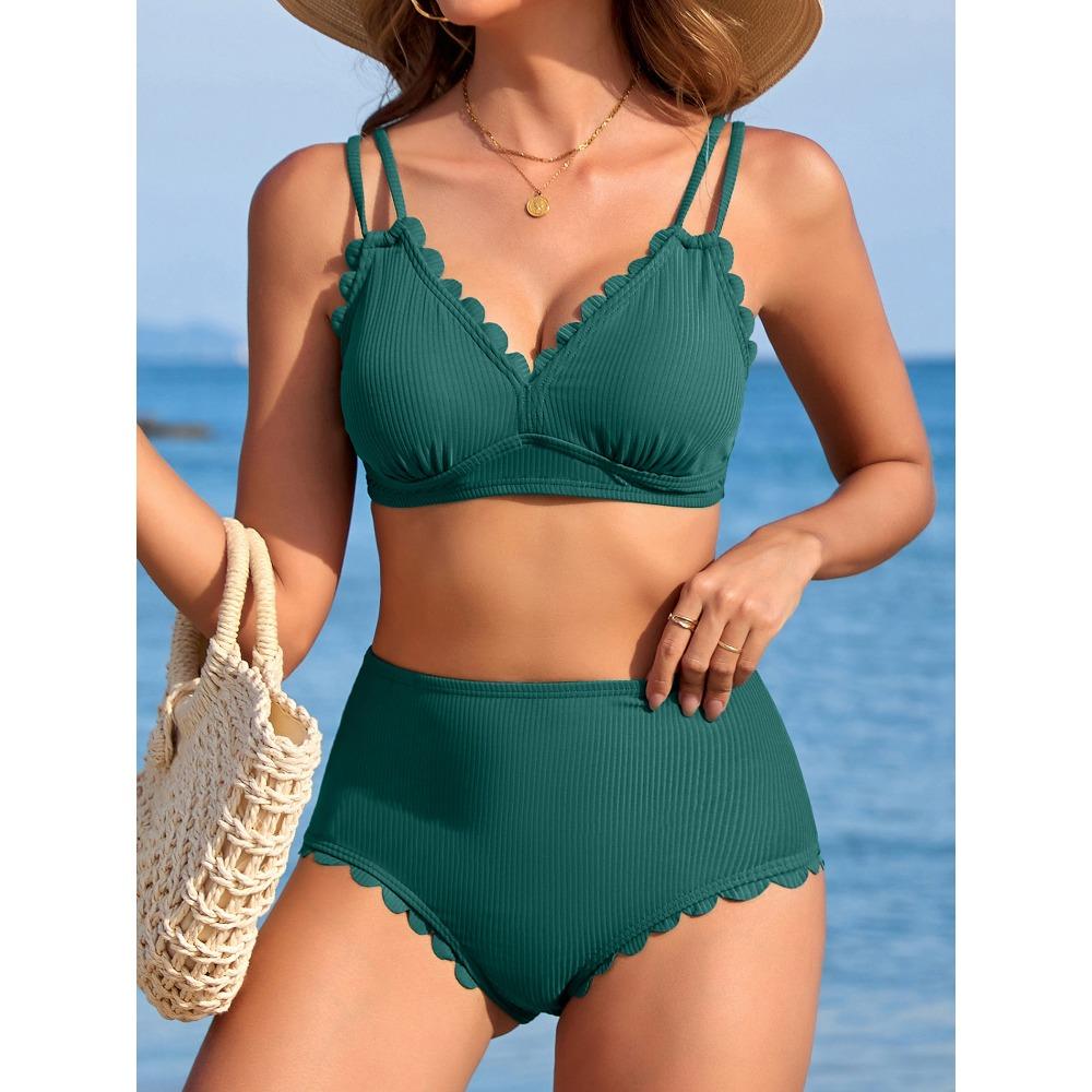 CHARMLEAKS Damskie bikini z falbanką, żebrowane, dwuczęściowe, kostiumy kąpielowe z dekoltem w serek i wysokim stanem