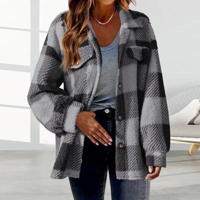Lady Coat Plaid Print Cardigan Button-down Thick Fleece Long Sleeves Fake Chest Pockets Turn-down