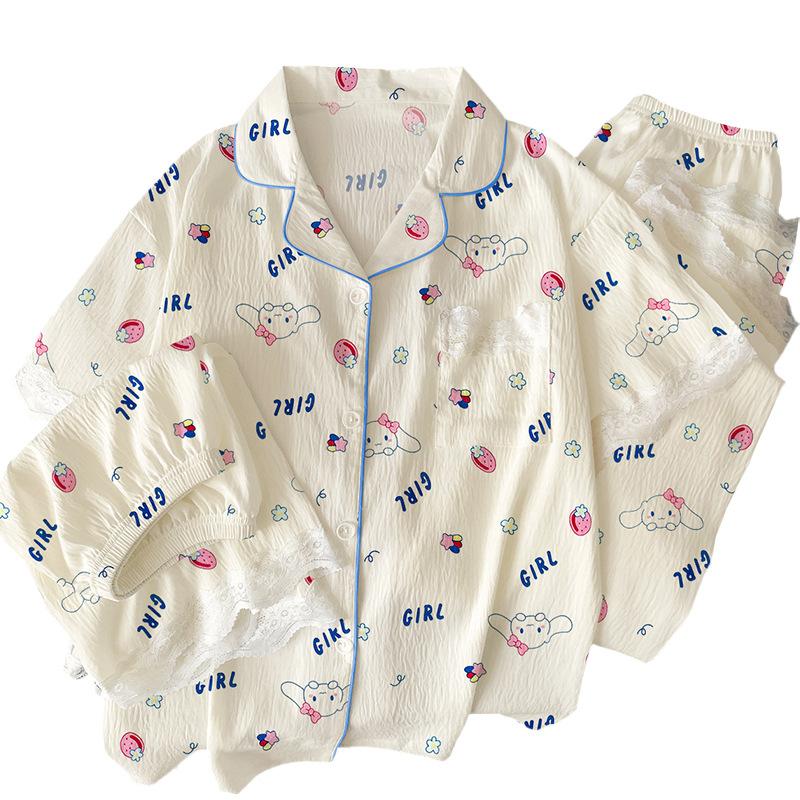 Summer Cartoon Milk Cute Jade Cinnamon Dog Pajamas Women'S Cloud Cotton Short Sleeves Cute Three-Piece Loungewear Can Be Worn Outside
