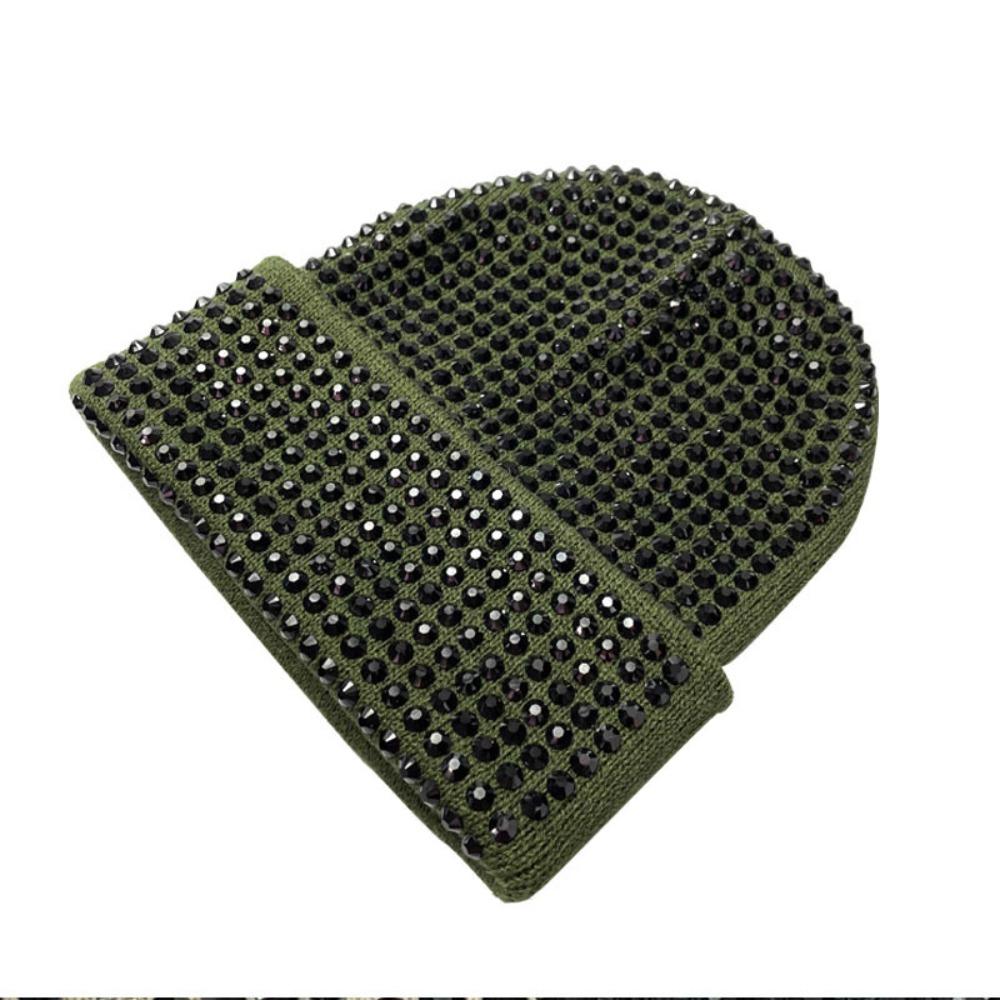 

Y2K Versatile Beanie Hat Warm Stretchy Crimping Rhinestone Knitted Cap Windproof Shiny Ski Caps for Men and Women зелёный