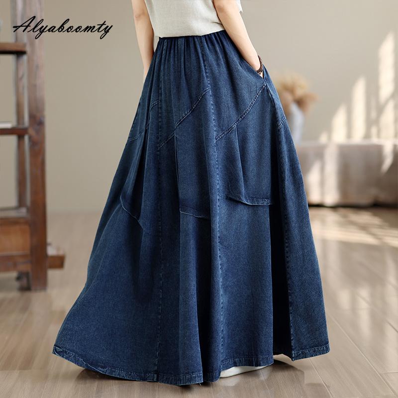 Plus Size Autumn Spring Women Maxi Long Skirt High Waist Drawstring Oversized Blue Denim Skirt Stylish Baggy Classical Ladies' Skirt