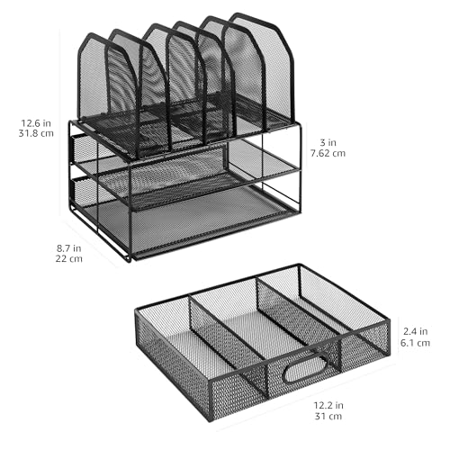 Amazon Basics Desktop Mesh Storage Case with Sliding Drawer, Double Tray, and Five Upright Sections, Black