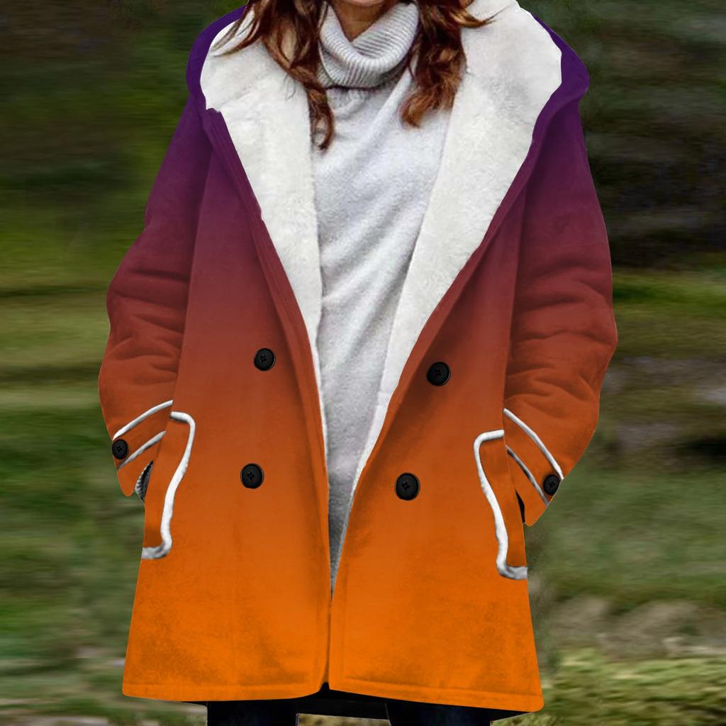 Women's Large Jacket With Warm And Plush Gradient Printed Hooded Button Jacket With Pockets