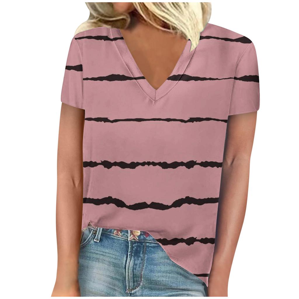 Summer V-neck 3D Stripe Printed Top Fashionable Casual Short Sleeved Women's T-shirts