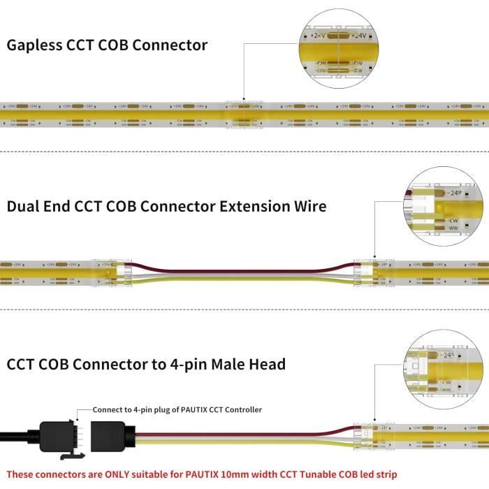 Connecteurs de bande led - pautix - cct cob - 10 mm - 4 broches - extensibles sans soudure