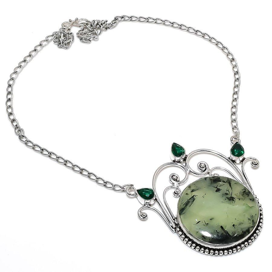 Prehnit, Diopsid Ručně vyráběný Šperk Náhrdelník ze stříbra ryzosti 925 18" B9z90