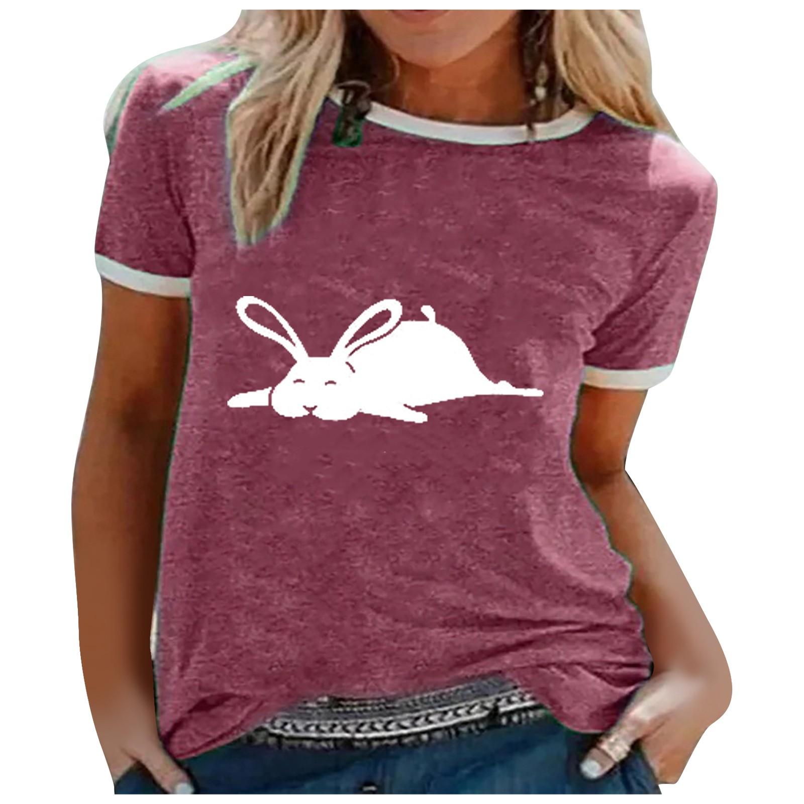 

Women s Casual Fashion Loose Print Splicing Round Neck Short Sleeve Tops красный