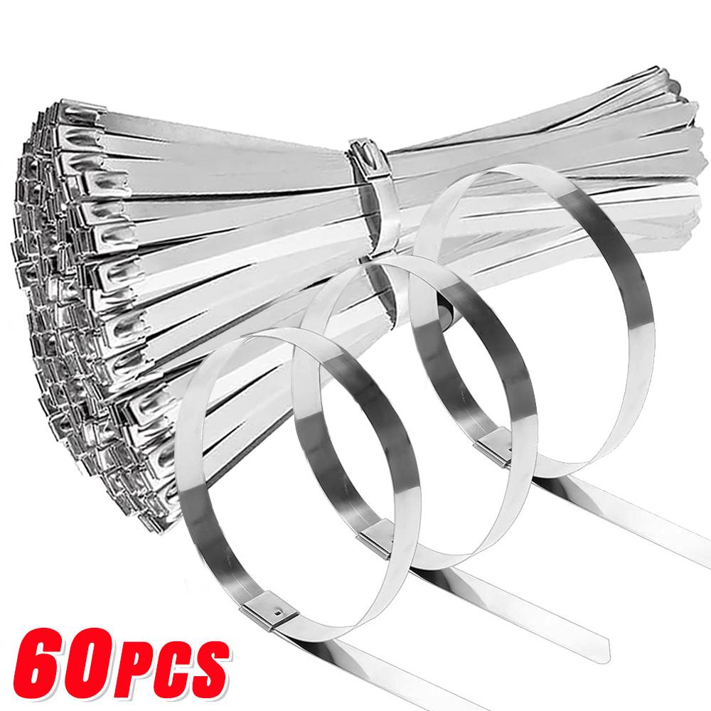 60/20Pcs Metal Cable Ties Stainless Steel Self-sealing Fastening Ring Reusable Wire Cord Ties Straps Organizer Home Improvement
