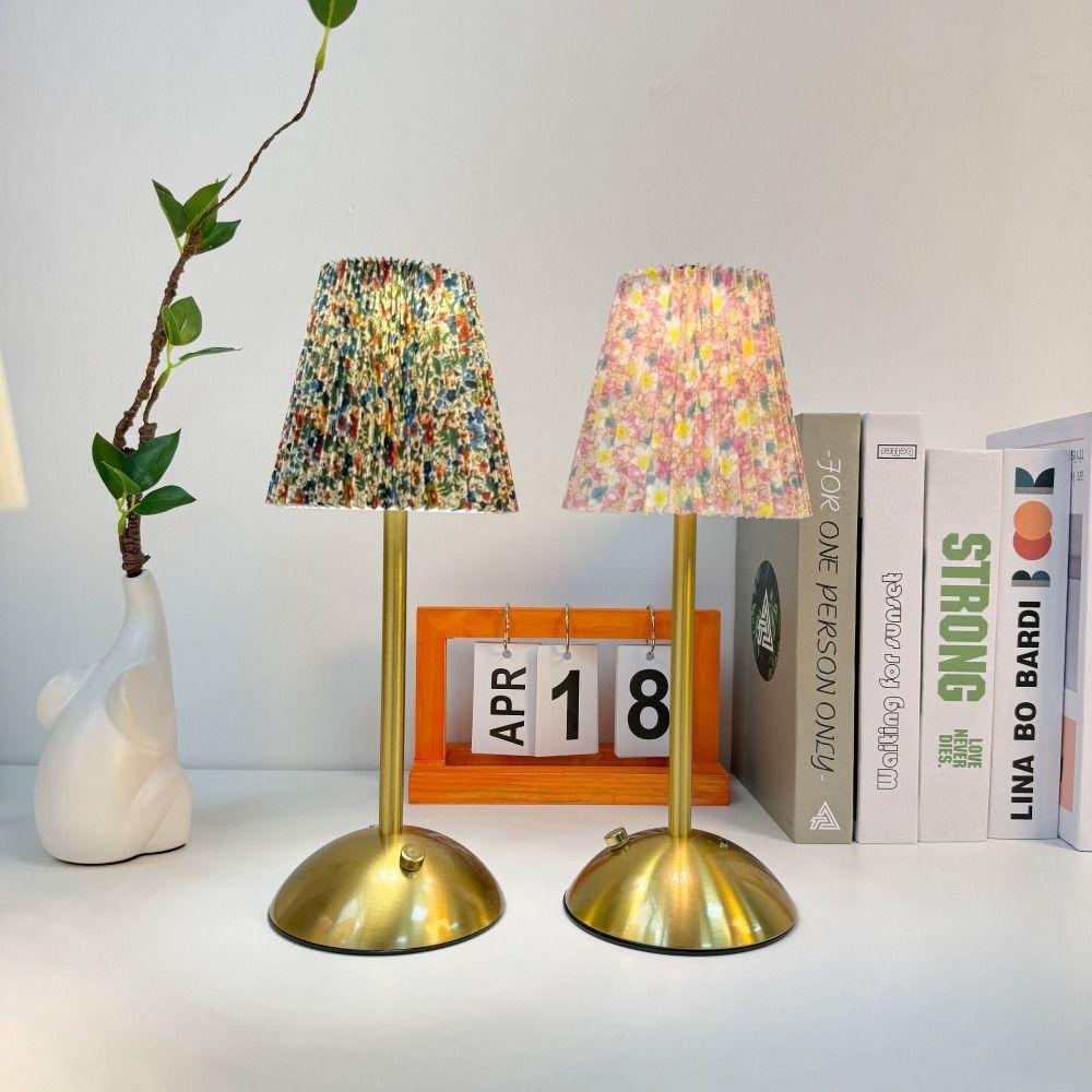 Metal Base Pleated Desk Lamp Pastoral Style Fabric Shade LED Night Light 3 Color Lights Soft Lights Bedside Ambient Light Bar