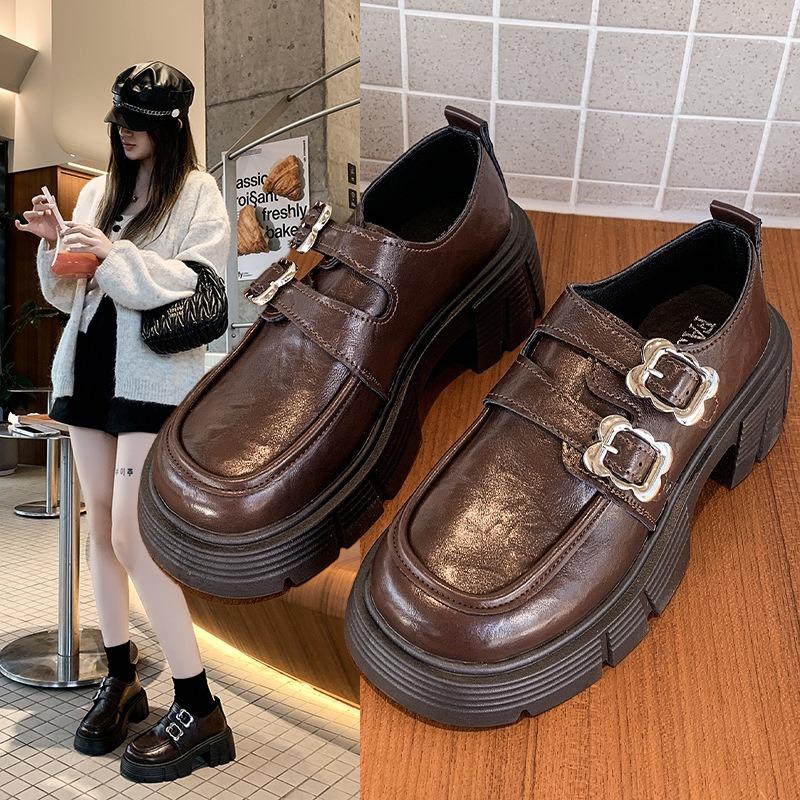 Small Leather Shoes Women's Belt Buckle Velcro Women's Spring and Autumn New Retro Children's Thick Sole