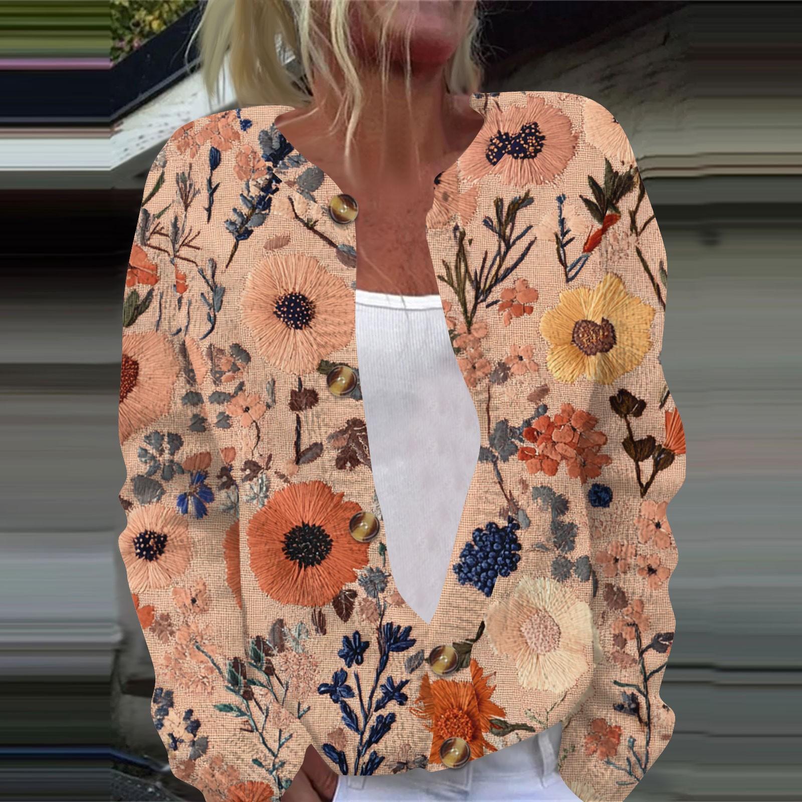 

Женская повседневная мода ретро цветочный принт длинный рукав кардиган куртка на пуговицах XXXXXL