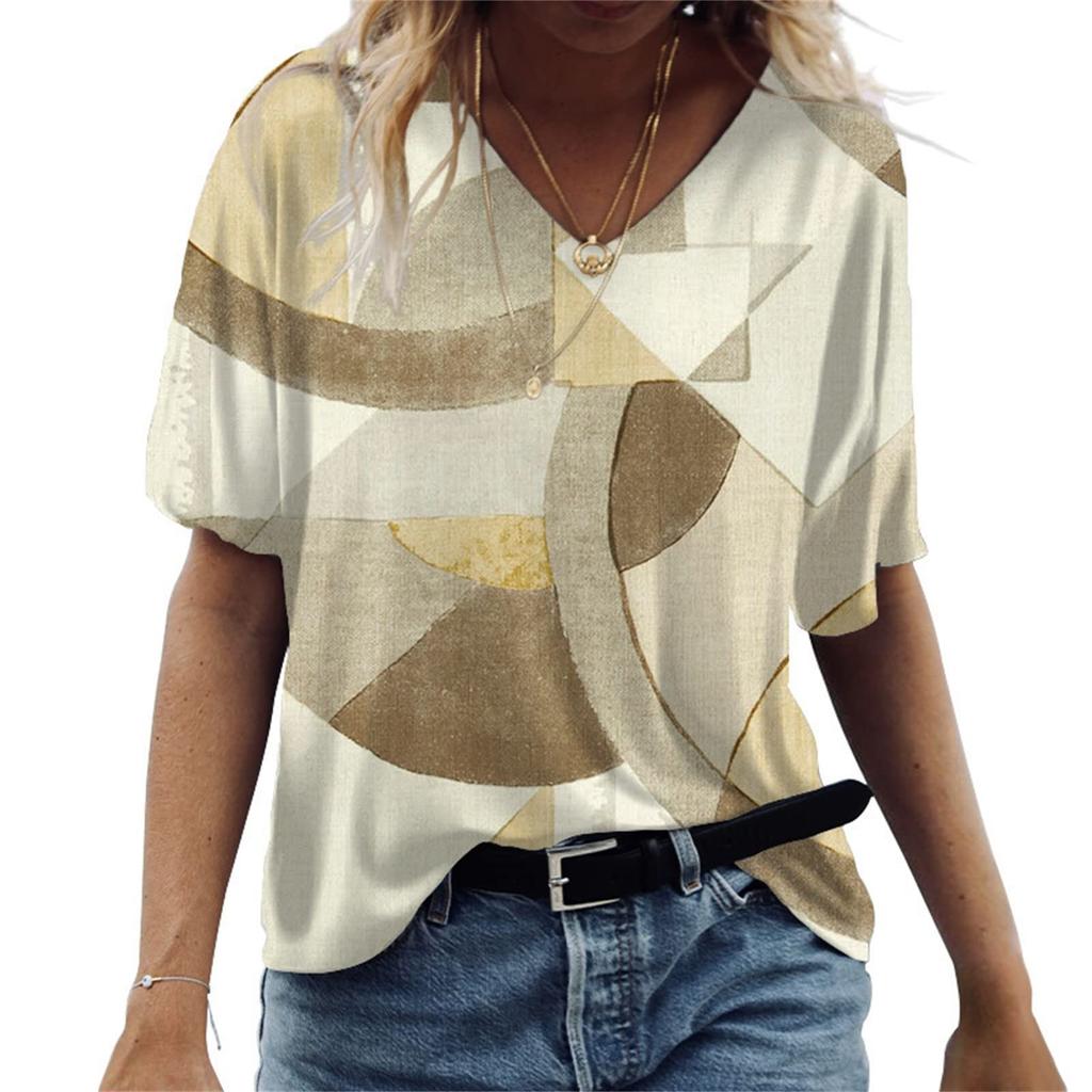 Summer V-neck 3D Printed Retro Irregular Geometric Patterns Top Fashionable Casual Short Sleeved Women's T-shirts
