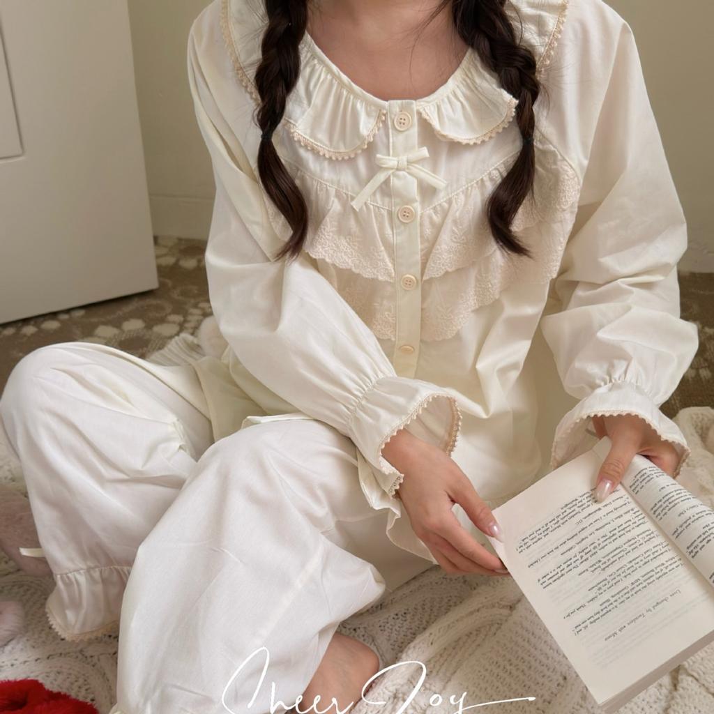 Pure cotton loose and cute long-sleeved trousers lace bow going out spring loungewear suit misty rain sweet dream
