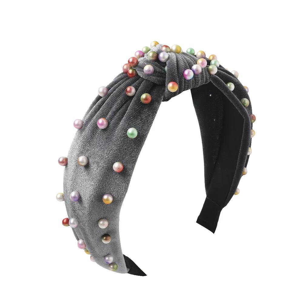 

Широкие однотонные повязки для волос с узлом из искусственного жемчуга для женщин и девочек, бархатные, полностью расшитые бусинами, с перекрутом, обручи для волос, аксессуары для макияжа и волос, модные повязки на голову