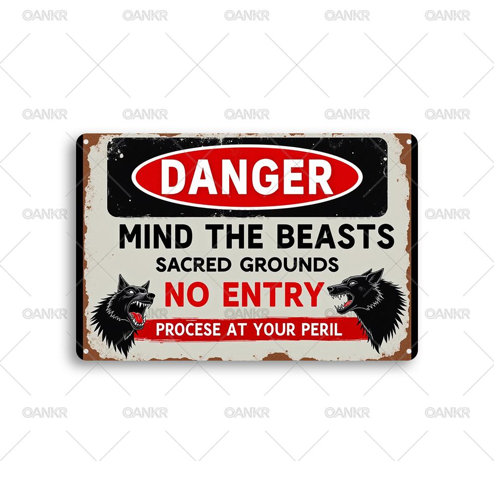 Vintage Warning Art Metal Tin Sign Danger Mind The Beasts No Entry Metal Signs for Farm Bar Garden Home Wall Decor Plaque 20x30cm（7.8x11.8inch）