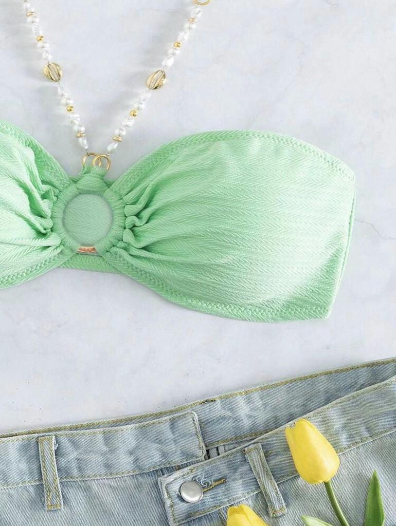 2024 Sexy einfarbiger Neckholder-Bikini mit Kettendetails - Europäische & Amerikanische Damen-Bademode