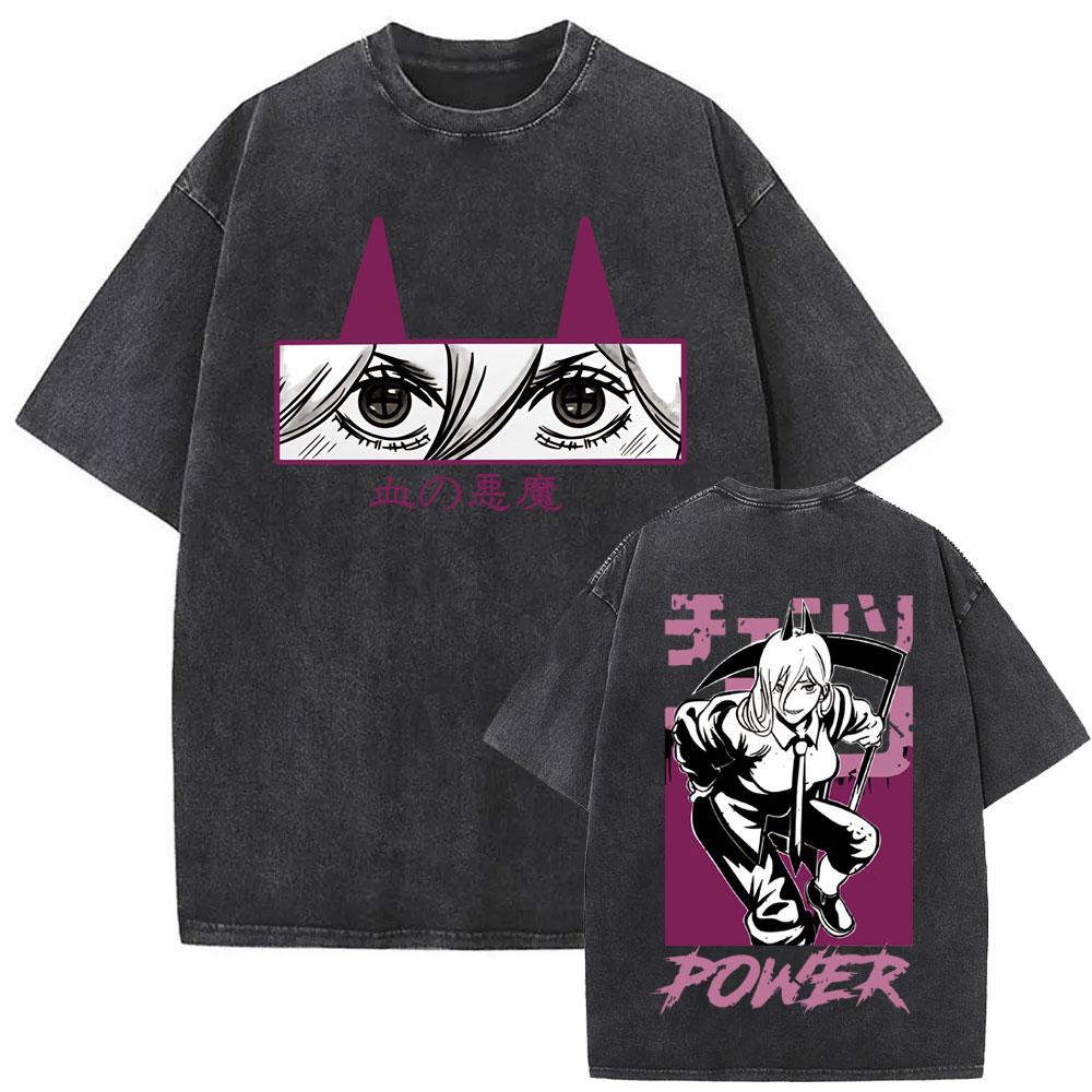 New Washed Vintage Anime Chainsaw Man Himeno Graphic Tshirt Men Women Casual Cotton Retro T Shirts Mens Cartoon Tshirts
