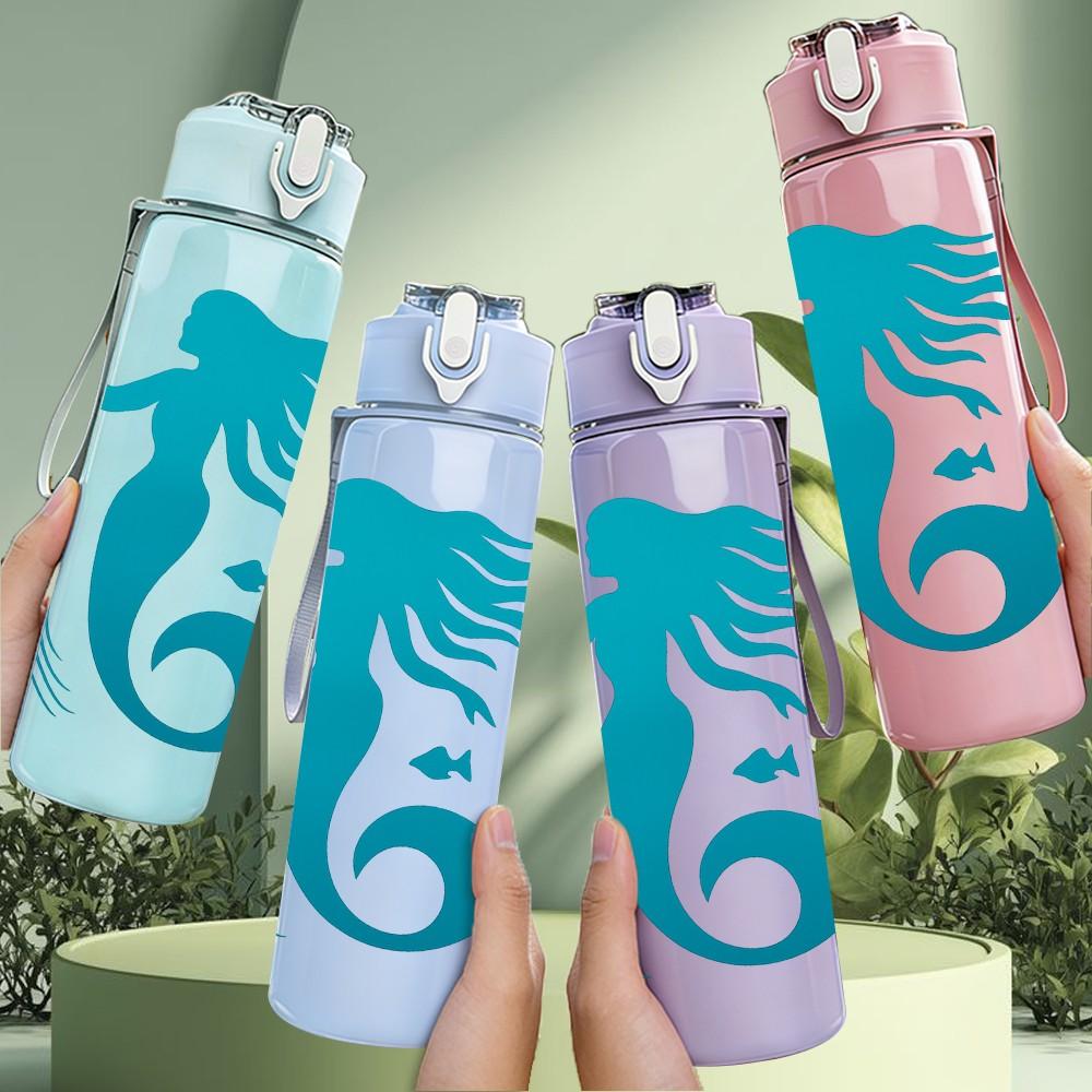 1PC Blue Mermaid Ocean Art 750ml Color Plastic Sports Water Bottle Leakproof Flip Straw Lid Suitable for Sports Office Home Use