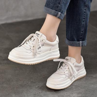 Autumn 2025 Women's Genuine Leather White Sneakers - Round Toe, Low Top, Soft Sole, Non-Slip, Casual 