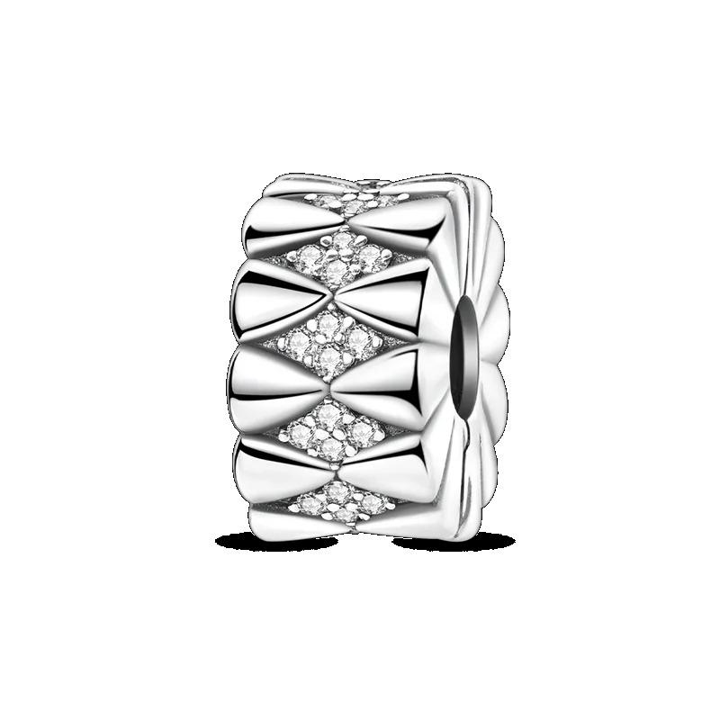 Silver Clasp 925 Silver CZ Pave Clip Charms Daisy Beads Stopper Safety Chain Fit Original Bangle Bracelet Jewelry Clip