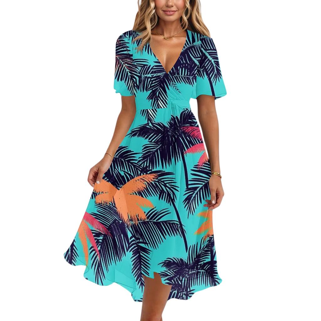 Women's Fashion Casual V Neck Short Sleeve Ruffled Vintage Printed Dresses