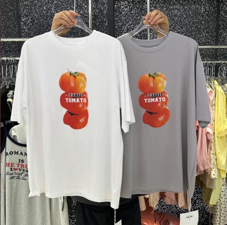 

Women s Summer Loose White T-Shirt - 100% Cotton, American Retro Tomato Print, Short Sleeve, Versatile Top M (recommended up to 50 kg)