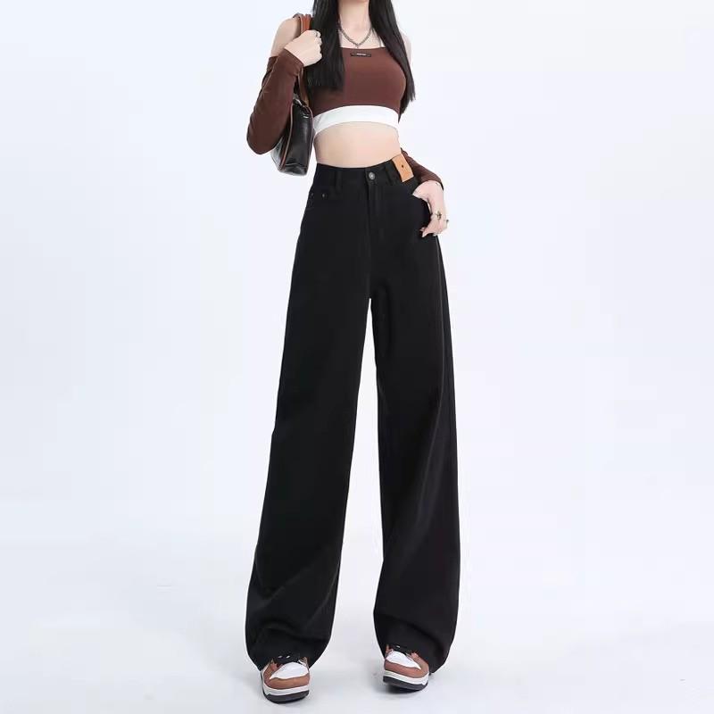 Women's Black High-Waist Wide-Leg Jeans - Slimming, Tall-Enhancing Fit, Versatile Fashion Long Pants