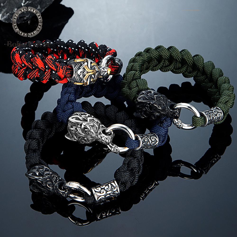 Outdoor Norse Mythology Odins Wolf Bracelet Men Stainless Steel Braided Paracord Rope Wristband Viking Runes Celtic Knot Jewelry