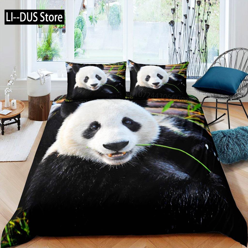 Kids Black Printed Cartoon Panda Beddings Cute Animal Pattern Teens Bedlinings 1 Duvet Cover Sets and 2 Pillowcases Full Size