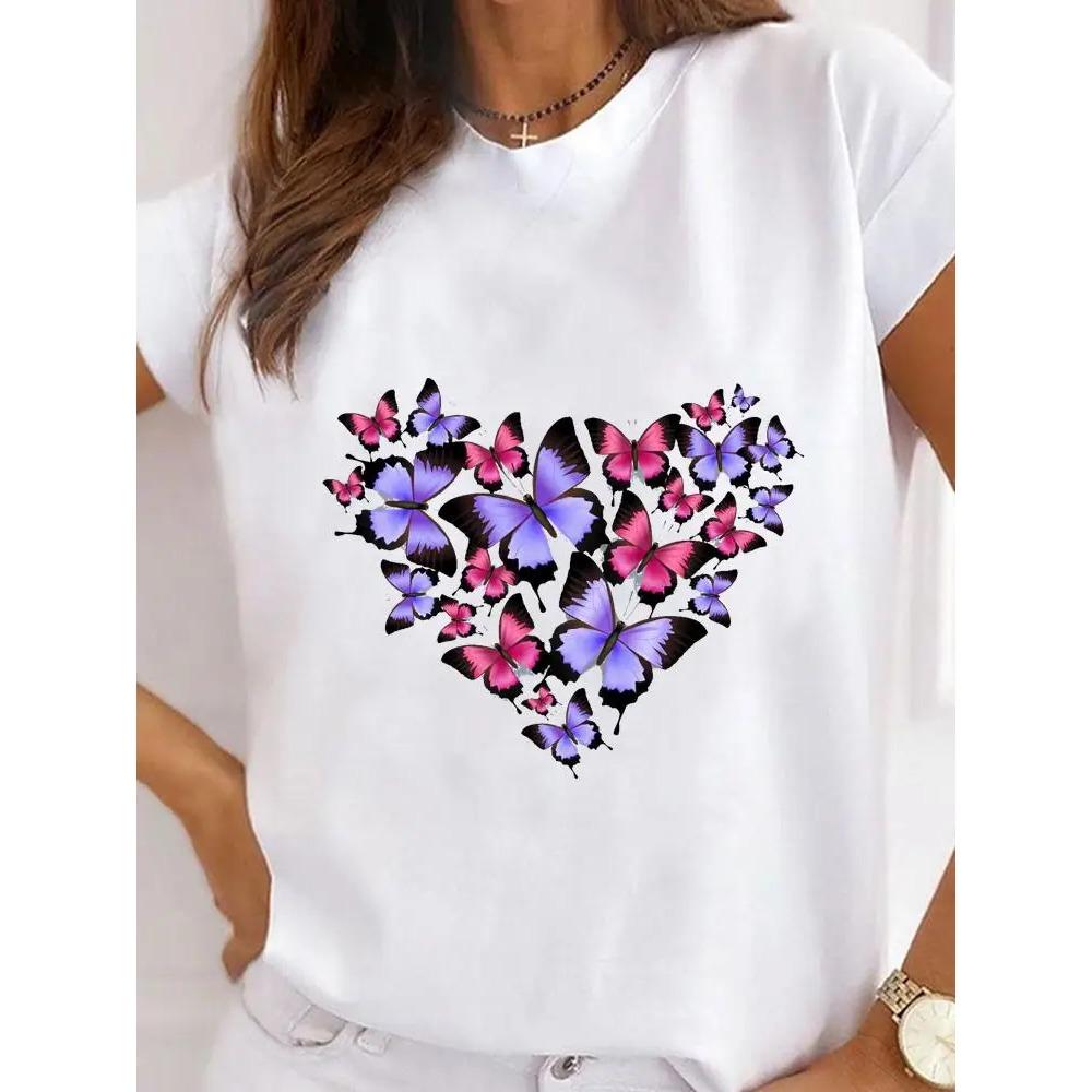 Summer Round Neck Love Flower Butterfly and Bee Pattern 3D Print Top Fashionable Casual Short Sleeved Women's T-shirts