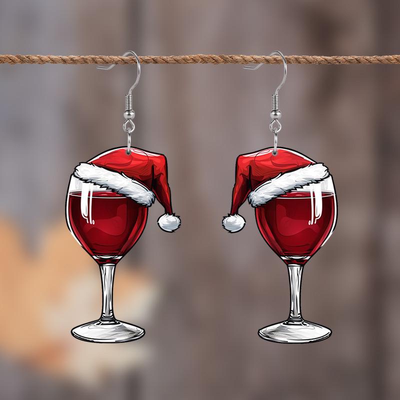 Double-Sided Cartoon Christmas Wine Glass Earrings - Acrylic with Unplated Hooks