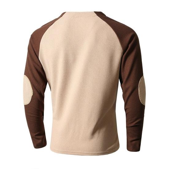 Spring Fall Men Top Regular Fit Colorblocked Long-Sleeve T-Shirt Buttoned Round Neck