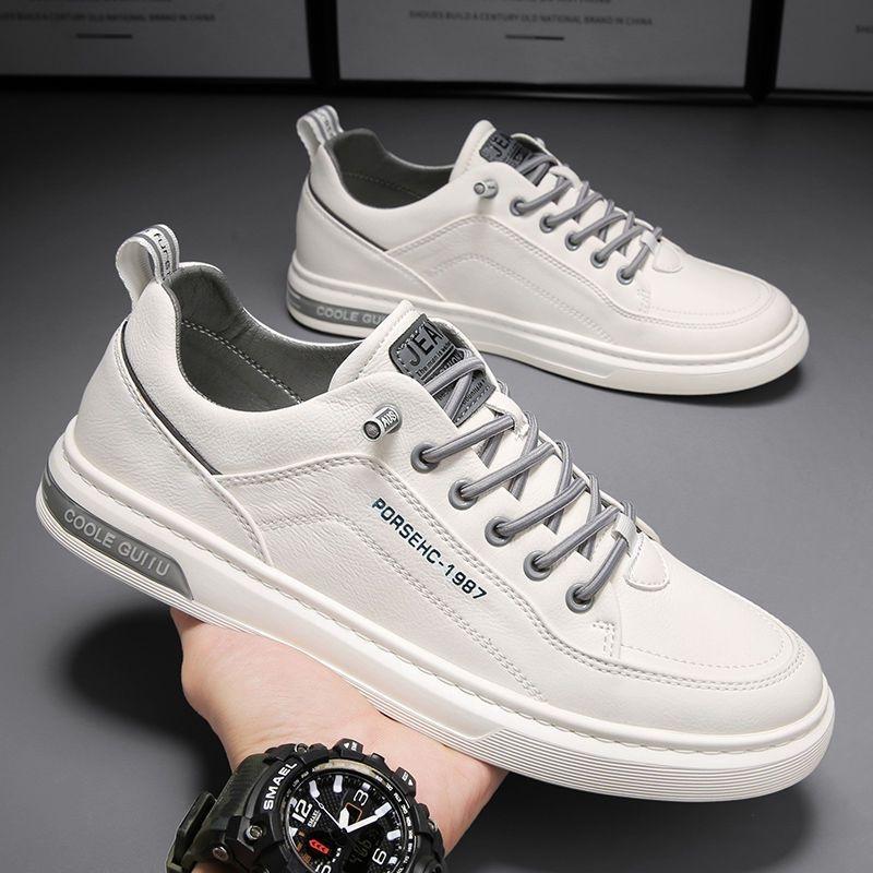 Men's Shoes Comfortable Breathable Casual Sports Outdoor White Leather Sneakers Lace-Up Flat Casual Walking Shoes for Men