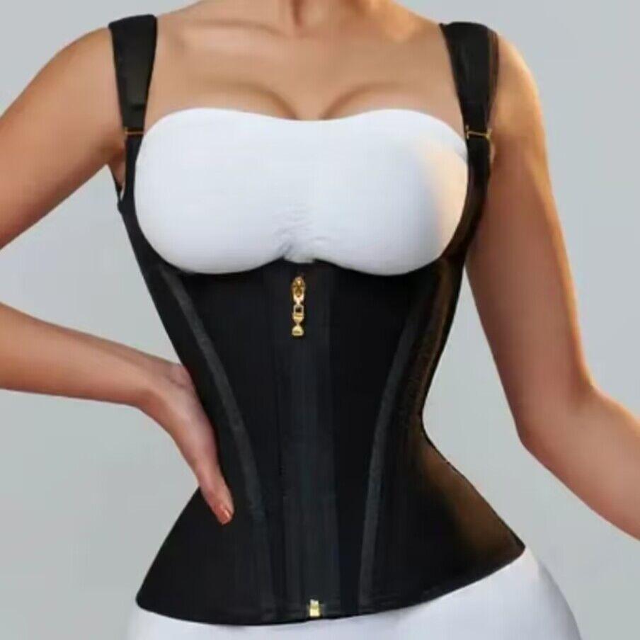 Women's Cross-15 Bone Elastic Mesh Waist Corset with Zipper & Bra Support for Body Shaping