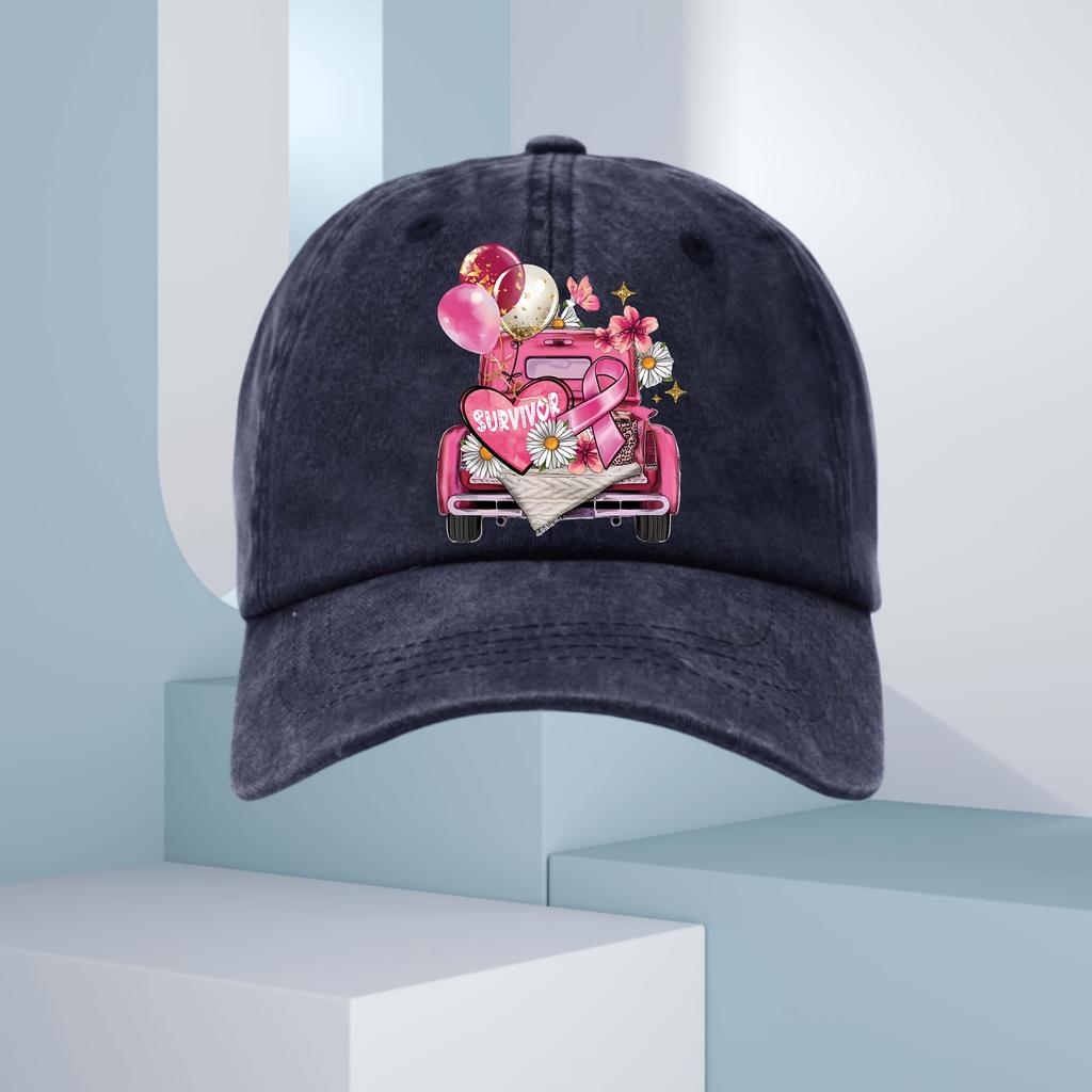Breast Cancer Survivor Truck Graphic Baseball Cap Pink Ribbon Daisy Print Adjustable Casual Hat