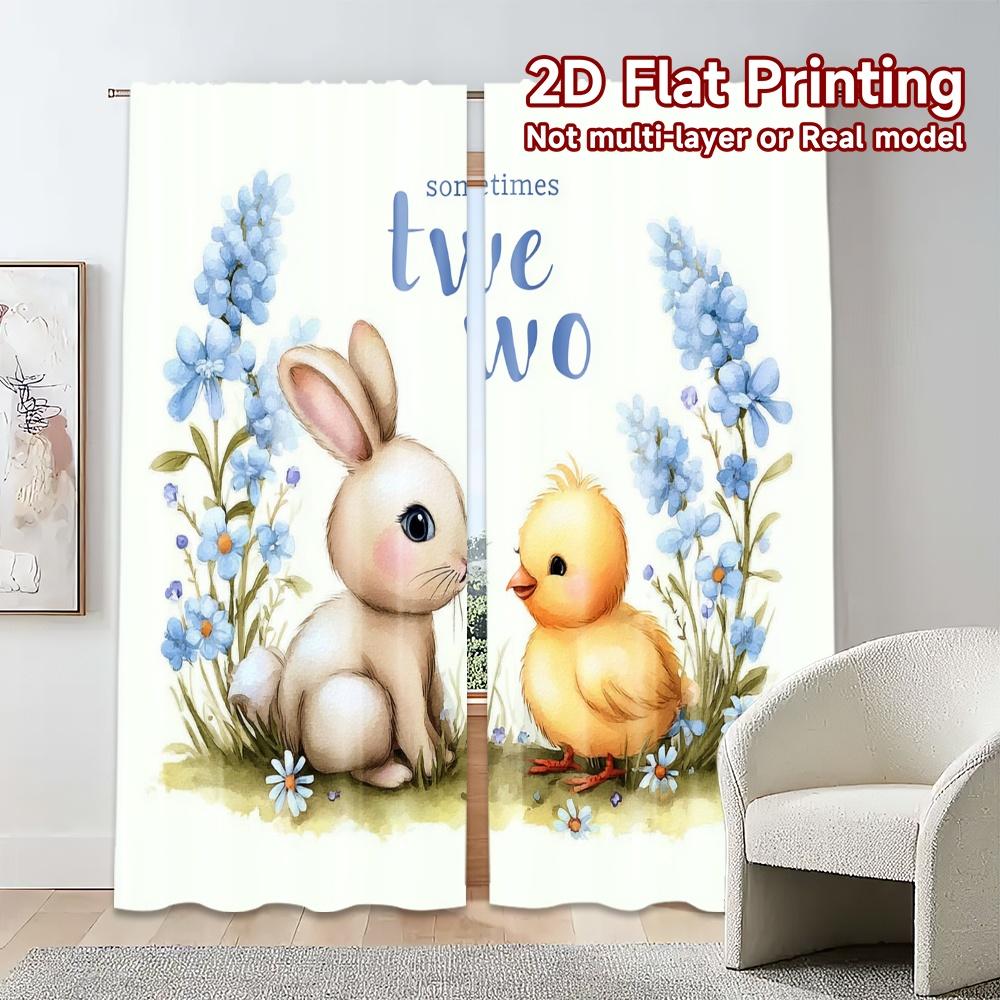 2pcs, 2D FLAT PRINTING Curtains (Without Rod) Bunny Celebration Popular Curtain Fabric Machine Washable Fabric Curtains