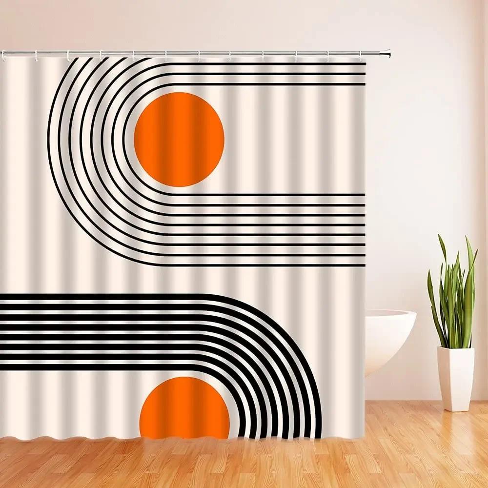 Abstract Mid Century Shower Curtain Arch Sun Moon Minimalist Geometric Curve Stripes Fabric Christmas Landscape Bth Curtain Hook