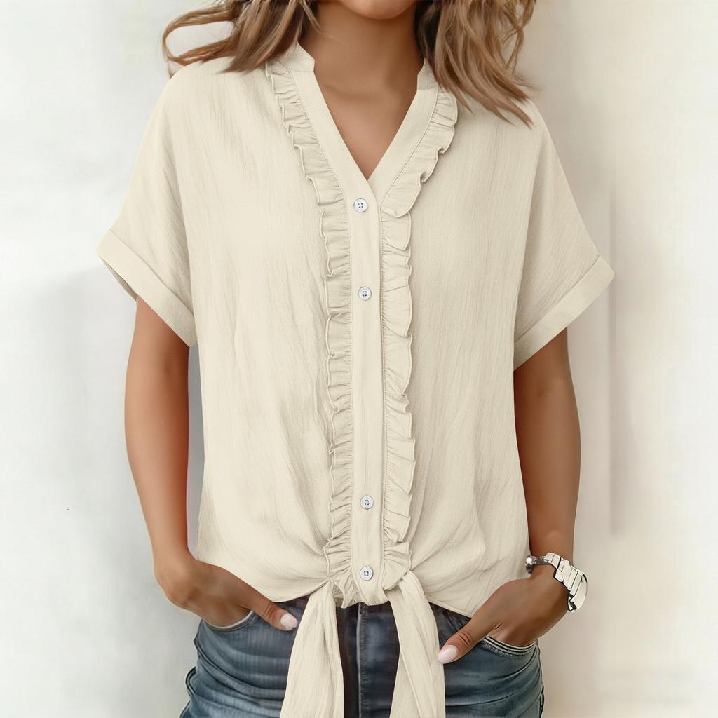 Solid Color Cotton and Linen Casual Fungus Edge Short-sleeved Button-up Shirt for Women