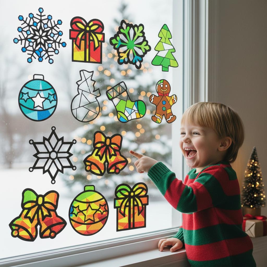 12 Pack Christmas Window Stickers Handmade DIY Paper Art Craft Kit Window Pictures Craft Templates for Wall and Room Decoration