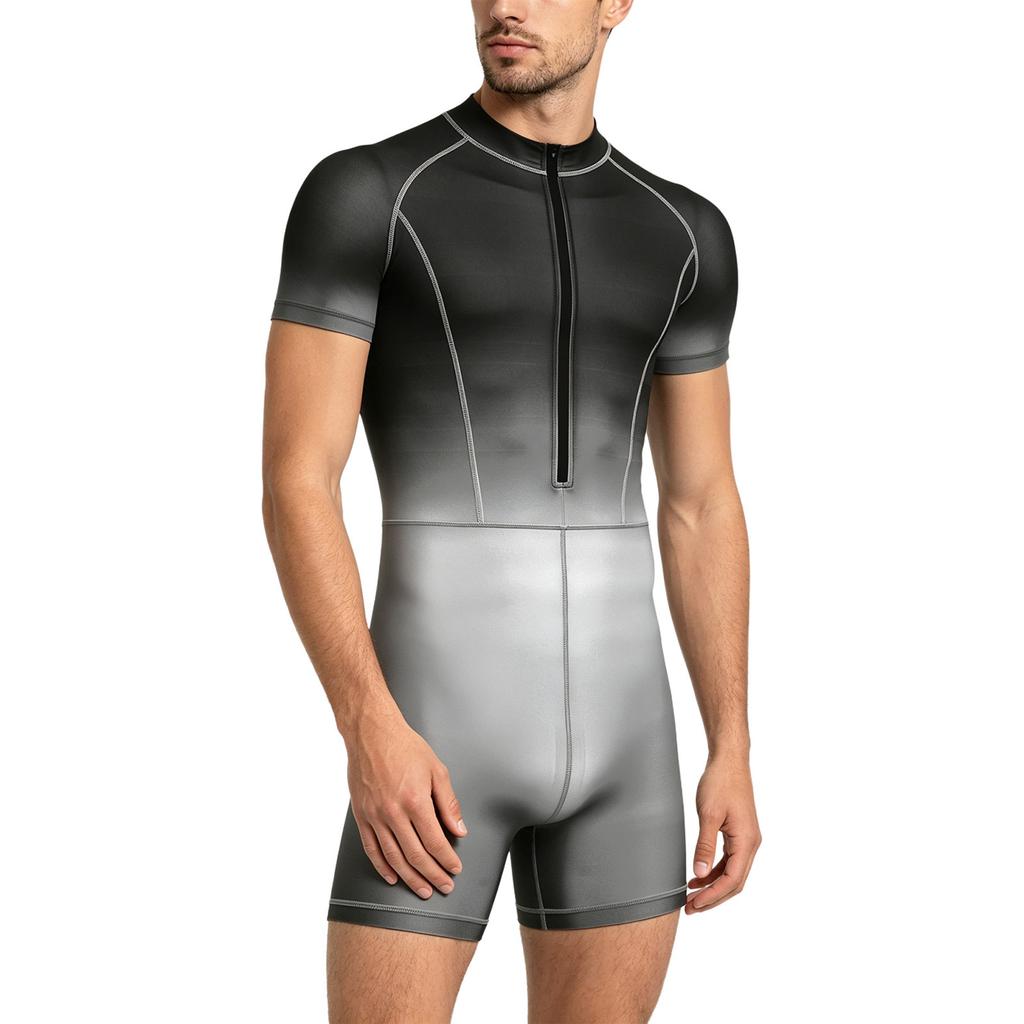 Costume da bagno intero da uomo a colori sfumati S-3XL Manica corta Zip frontale Pantaloncini a pantaloncino Tuta Rash Guard per Surf Nuoto Subacquea