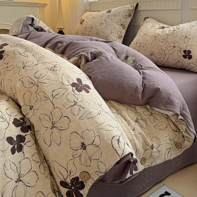 Retro Floral Linen Bedding Set: Autumn & Winter 4-Piece with Button Duvet Cover & Sheet