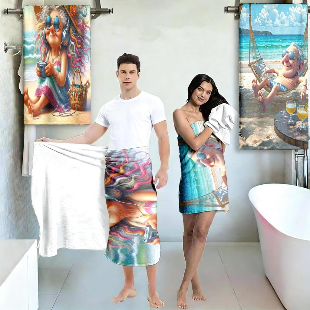 1/2-Pack Funny Silver-Haired Couple Beach Towel | Quick-Dry, Ultra-Soft Polyester Microfiber | Ideal For Yoga, Travel, Swimming