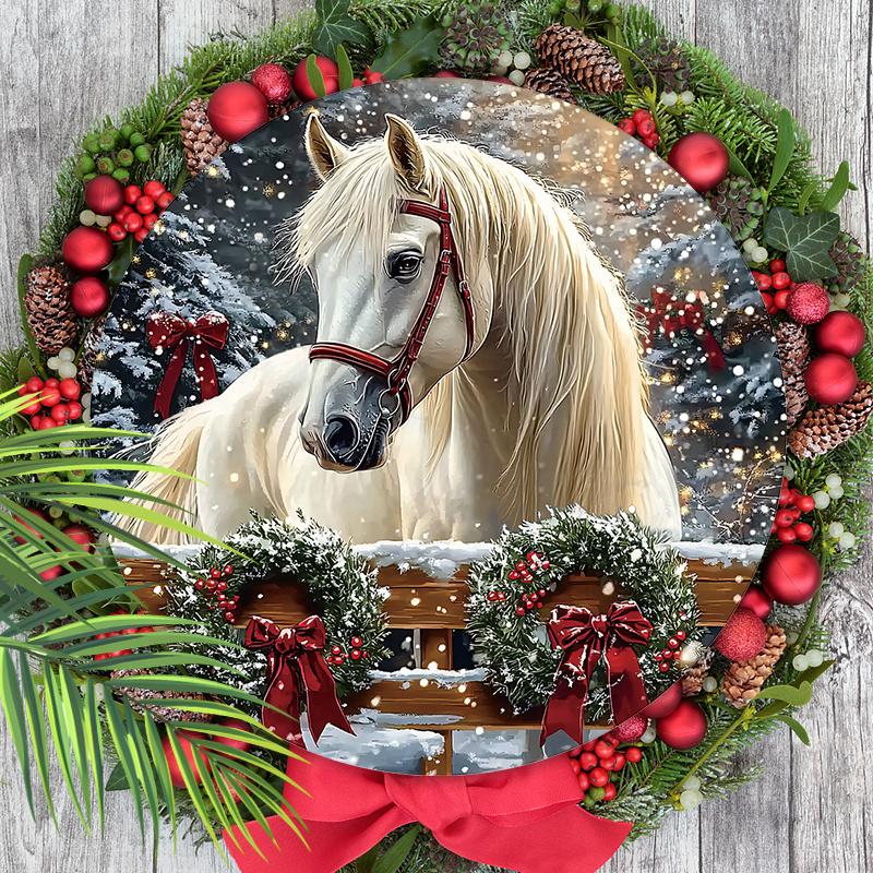 Warm Winter Wooden Christmas Sign with White Horse Pattern, Christmas Round Sign for Front Door Wall Hanging Decor, Ideal Christmas Gift