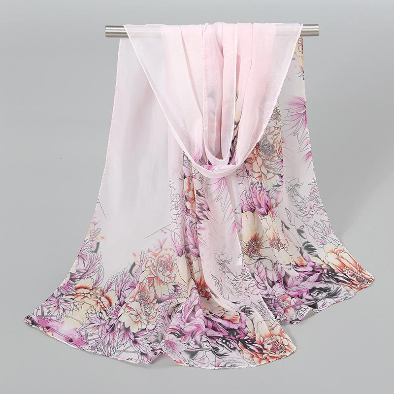 Popular Peony Silk Scarf New Spring and Summer High Quality Chiffon Printed Yarn Sunscreen