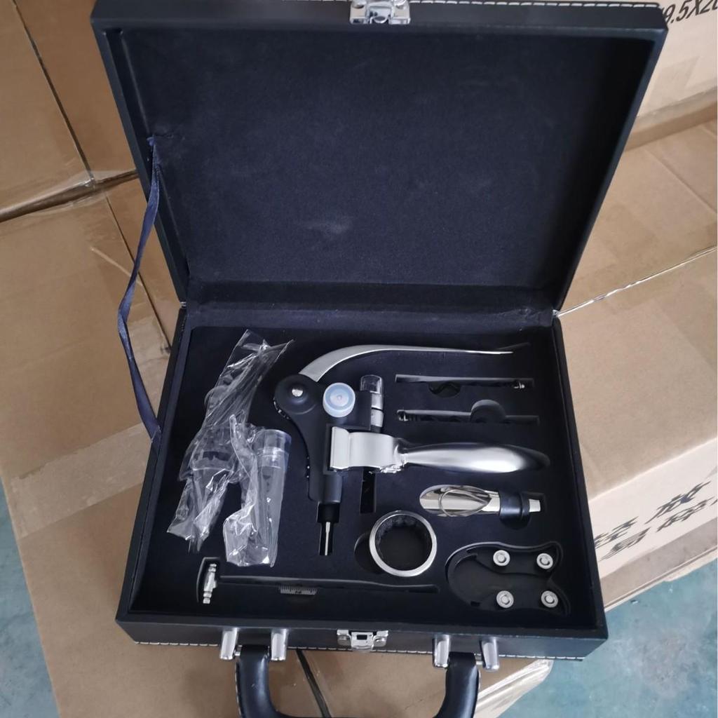 Premium Wine Opener Gift Set: Stainless Steel Pourer, Leather & Wooden Box, Waiter's Knife Corkscrew Barware