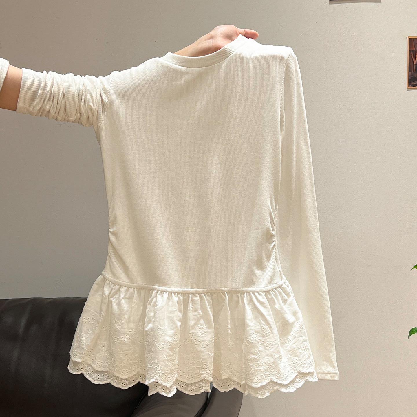 French Lace Hem Long-Sleeved Thermal T-Shirt L