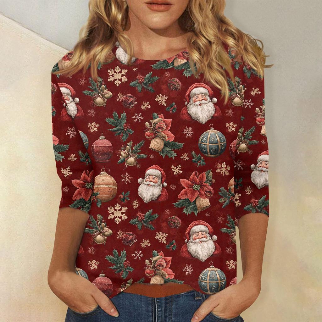 3/4 Sleeve Shirts For Women Print Christmas Tees Blouses Casual Plus Size Basic Tops Pullover