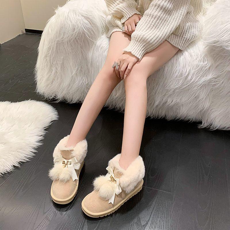 Fashion Cute Bow Round Toe Snow Boots for Women Winter Plush Ankle Furry Hot High Quality Sale Padded New Rock Trend 2025 Woman Shoes