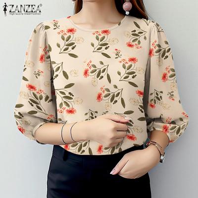 Womens 3/4 Sleeve Casual Round Neck Floral Print Blouse